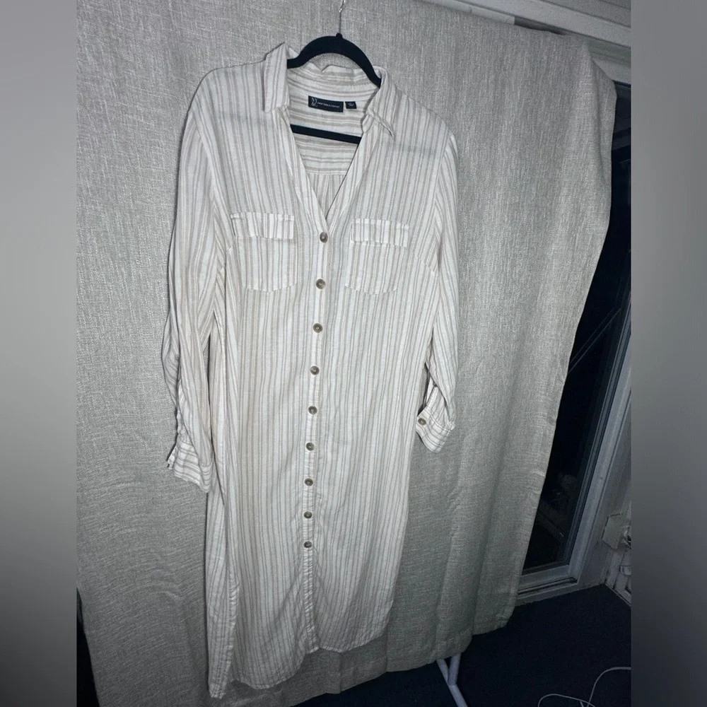 New York & Company Linen/Viscose Striped beige cream button up shirt dress Large - Picture 5 of 10